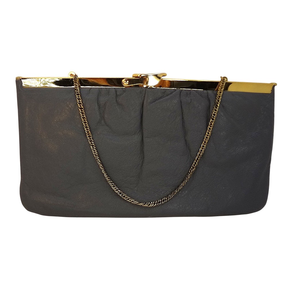 Vintage Harry Levine Gray Leather Clutch Gold Frame Chain Shoulder Bag Evening‎